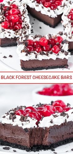 there is a slice of black forest cheesecake with cherries on the top and bottom