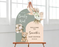 PRICES MAY VARY. Versatile custom baby shower sign that works as baby shower decorations and also as an informative sign for the guests. If you put it on your lawn, it also functions as an announcement yard sign so that people know that you are a mom-to-be. Multiple size options 4 mm corrugated plastic Weatherproof & fade-resistant Stands are not included. Before checkout, we’ll give you the option to add display accessories to your order. Get seen day after day with messages you can place and r Boy Baby Shower Centerpieces, Bear Balloon, Baby Shower Deco, We Can Bearly Wait, Green Bear, Bearly Wait, Baby Shower Sign, Teddy Bear Baby Shower, Shower Welcome Sign