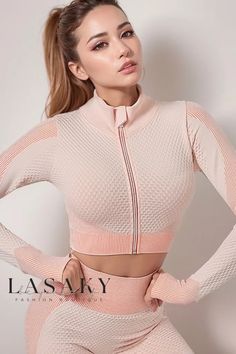 Lasaky - High-Performance Knit Yoga Leggings with Contoured Butt Enhancing Design for Optimal Fitness and Yoga Experience. Seamless Pink Set, Pink Seamless Set, Top And Leggings Set, Best Amazon Workout Leggings, Workout Fits, Future Fashion, Yoga Leggings, Pink Tops, Types Of Collars