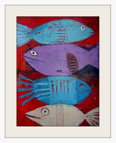 an abstract painting of three fish on a red background