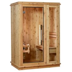 a wooden sauna with glass doors on the side