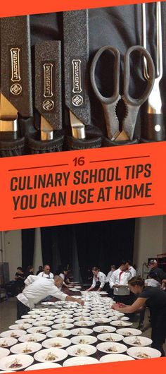 an advertisement for culinary school tips you can use at home, with scissors and paper plates on the table