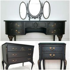 three different views of an antique dresser and mirror