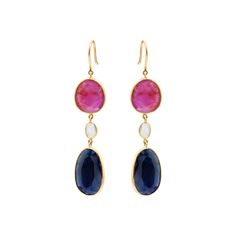 Natural Navy Blue Sapphire & Ruby Drop Earrings, Gemstone Jewelry, Ruby And Sapphire Trio Long Earrings, 18k Gold Earrings, Valentine Gifts  ✦ ✦ GEMSTONE DETAILS✦ ✦  ✦ Gemstone : Blue Sapphire / Ruby / Crystal ✦ Gemstone Type: Natural  ✦ Gemstone Shape: Oval  ✦ Gemstone Color: Blue, White, Red ✦ Gemstone Cut: Faceted ✦ Gemstone Grade: Excellent ✦ Total Weight 7.81gm METAL DETAILS : ✦ Metal: 18K Yellow Gold ✦ Earring Size 68x13mm ✦ Setting: Bezel Setting ✦ Earring Box: Yes CUSTOMISATION DETAILS : We can customize any piece of fine jewelry. You can simply message us on Etsy or drop a text at +91-7357229656 (WhatsApp/I Message) to let us know about all the customization you want. Customization can include : ✦ The Gemstone: This Earring can be made in Emerald, Ethiopian Opal, Rainbow Moonstone Elegant Sapphire Multi-stone Earrings, Sapphire Multi-stone Earrings For Gift, Ruby Drop Earrings, Ruby And Sapphire, Jewelry Ruby, Bezel Set Earrings, 18k Gold Earrings, Ruby Crystal, Earring Box