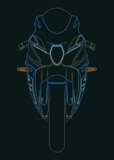 the front view of a motorcycle in blue and yellow lines on a black background with an orange light