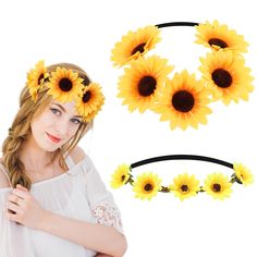 PRICES MAY VARY. 【High Quality Material】The hawaiian flower headpiece is made of polyester and elastic black band. The cute and beautiful sunflower hair accessory is elastic and headpiece photo props can be adjusted in size, suitable for teenagers, girls, and women. 【Exquisite workmanship】The flowers are carefully made and securely attached to the rope for repeated use. The sunflowers and leaves are very realistic and the overall look is very stylish. 【Adjustable Size】The simulated daisy sunflow Sunflower Crown, Sunflower Hair, Sunflower Headband, Daisy Headband, Hippie Headbands, Flower Crown Hairstyle, Floral Hair Clip, Beautiful Hair Accessories, Sunflower Wreath