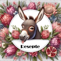 a donkey sticking its tongue out in front of some flowers and leaves with the word desepte on it