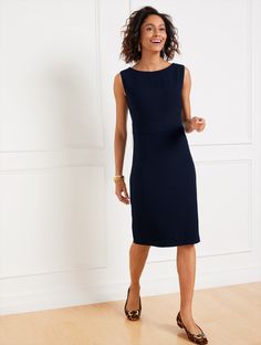 The perfect mix of work and play. Our flattering sheath dress is detailed with an elegant boatneck. A polished essential in easy-to-pack and easy-care, wrinkle-resistant fabric. Features Sheath Dress Sleeveless Hits At Knee Imported Fit: Misses: 40 1/2"; Petite: 38"; Plus: 41"; Plus Petite: 40 1/2" Material: Shell : 69% Triacetate, 31% Polyester; Lining : 100% Polyester Care: Machine Wash Cold, Gentle Cycle; Only Non-Chlorine Bleach When Needed; Tumble Dry Low; Cool Iron If Needed | Easy Travel Boatneck Dress Talbots Elegant Midi Dress With Boat Neck For Workwear, Elegant Boat Neck Midi Dress For Work, Boatneck Dress, Boat Neck Dress, Classic Style Women, Easy Travel, Dress Sleeveless, Boat Neck, Modern Classic