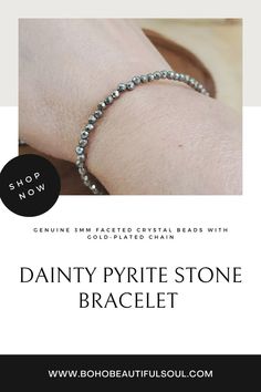 Elevate your style with our Pyrite Stone Bracelet Gold Plated. This delicate bracelet features tiny round-faceted pyrite stones that sparkle in the light, beautifully complemented by the gold-plated stainless steel chain. Stone Bracelet Gold, Pyrite Stone, Faceted Crystal, Bracelet Gold, Gold Plated Chains