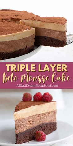 triple layer chocolate mousse cake with raspberries on the side and text overlay