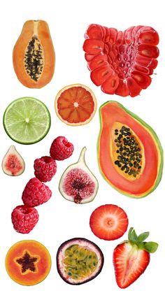 various fruits and vegetables cut in half on a white background, including kiwis, oranges, raspberries, pears, lemons