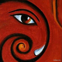 an abstract painting with blue eyes and orange swirls