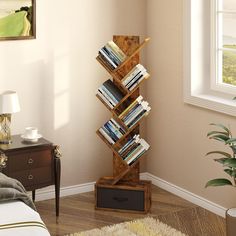 a bookshelf in the corner of a room