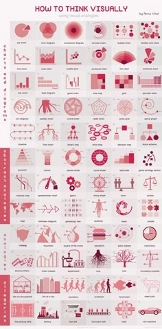 a large poster with many different types of symbols and numbers in red, white and pink