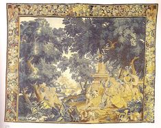 an old tapestry hanging on the wall in front of a white background with trees and animals