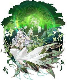 an anime character with long white hair and green eyes, sitting on the ground in front of