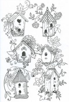 some bird houses and trees with leaves