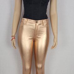 * High Waist Rose Gold Jeans * This Jeans Is Good For Women Of All Ages * Besides Classic Very Stylish * Good For Going To Parties, Club, Dining Out And Other Occasions. * Skinny Fit Gold Pants For Night Out In Summer, Trendy Gold Bottoms For Parties, Gold Fitted Casual Pants, Casual Fitted Gold Pants, Chic Fitted Gold Bottoms, Chic Gold Fitted Bottoms, Gold Jeans, Colored Jeans, Jeans Shop