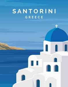 an image of a greek island with a blue dome on the top and water in the background