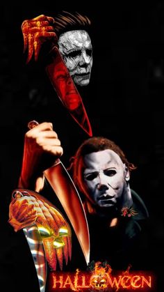 a movie poster for halloween with two people holding knives