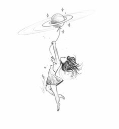 a drawing of a girl flying through the air with a saturn balloon above her head