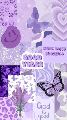 a collage of purple flowers and butterflies with the words good vibes on them