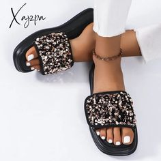 New Velcro Thick-soled Sequined Design High-end Sandals for Women, Flip Flops, Fashionable Summer Wear Black Cross, Sandals For Women, Wearing Black, Summer Wear, Best Sellers, Bags Women, Flip Flops, Womens Sandals, Men's Shoes