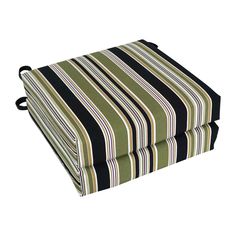 a green and black striped seat cushion with ties on the bottom, sitting in front of a white background