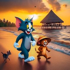 two cartoon characters are walking on the beach at sunset, one is wearing a hat and the other has a cat