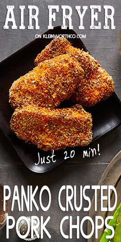 an advertisement for panko crusted pork chops on a black plate with the words air fryer just 20 min