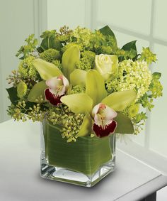 a vase filled with green and white flowers