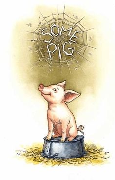 a pig sitting on top of a metal bucket with some writing above it that says, some pig