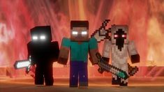 three minecraft characters standing next to each other in front of a large fire background