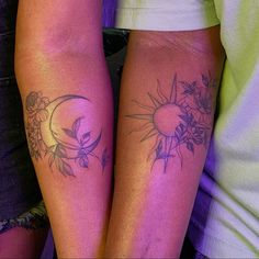 two people with sun and moon tattoos on their legs