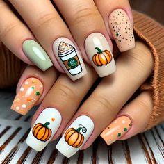 Get into the fall spirit with these Pumpkin Spice Latte nails! Featuring soft beige or creamy white base colors with tiny pumpkin designs and subtle these nails are perfect for autumn. Follow me for more magical nail art ideas! 🍂🎃✨ Pumpkin On Nails, White Fall Nail Designs, Nail Art For September, Fall Nails Pumpkins, Nails With Pumpkins, White Nails With Pumpkin Design, Latte Nail Ideas, Psl Nails, Husky Nail Designs