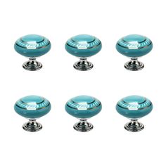 six turquoise knobs with chrome handles on each one and the other four are in different positions