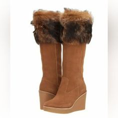 Ugg Valberg Tall Wedge Platform Boots Size 11 New Color Catagory :Tan Brown Carmel Camel Poron Cushioned Insole Sheepskin Fur Cuff Almond Toe; Functional Inside Zip 3.5" Wedge Heel 13.5" Shaft Height; 14" Circumference Real Sheepskin Fur; Origin: Usa, Uk, Spain, Ireland Or Australia; Dyed Suede And Sheepskin Upper, Leather Lining, Rubber Sole Brown Leather Wedge Heel Boots, Custom Uggs, Wedge Platform Boots, Brown Leather Wedge Boots, Ugg Rain Boots, Winter Hiking Boots, Ugg Classic Mini Ii, Ugg Boots Classic Short, Duck Shoes