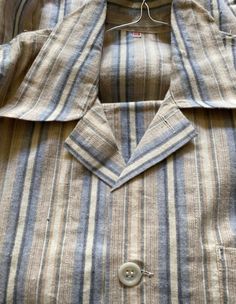 Vintage deadstock French flannel cotton pyjama shirt top only Stamped H M C 1940s new old stock Deadstock and unworn unlaundered and unpacked for the first time to photograph them. Circa 1940s.  Made from soft cotton flannel in muted stripes.  I've 2 models only now available  blue/brown stripes and blue/white stripes... see photos These are unwashed and unworn deadstock  - they are being sold as found in order to retain their deadstock state.   May have few faint storage marks, and they are  cr Striped Button-up Tops For Loungewear, Striped Cotton Shirt For Loungewear, Vertical Stripes Cotton Top For Loungewear, Cotton Tops With Vertical Stripes For Loungewear, Cotton Camp Collar Top With Vertical Stripes, Retro Long Sleeve Cotton Sleepwear, Cotton Top With Vertical Stripes And Camp Collar, Cotton Tops With Vertical Stripes And Spread Collar, Pjs Shirt