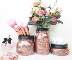 A personal favourite from my Etsy shop https://www.etsy.com/uk/listing/520824586/copper-mason-jar-wedding-rose-gold Diy Makeup Desk, Marble Ideas, Gold Mason Jars, Makeup Crafts, Marble Accessories, Diy Desk Decor, Mason Jar Wedding, Makeup Table