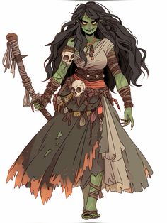 a drawing of a woman with long black hair and green eyes holding a skull in her hand