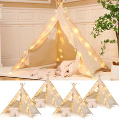 four teepees with fairy lights on them