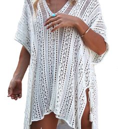 This cover up dress is made with soft cotton crochet lace, very comfortable Top In Pizzo, Crochet Bathing Suits, Suit Covers, Crochet Cover Up, Bathing Suit Covers, Bathing Suit Cover Up, Summer Swim Suits, Womens Bathing Suits, Swimwear Cover Ups