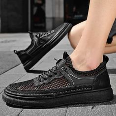 Men's #black sport shoe #sneakers hollow mesh & stitch accents design. Mesh Stitch