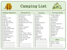 the camping list is shown in this printable version, with instructions for each item