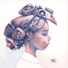 a pencil drawing of a woman's head with birds on her head and hair