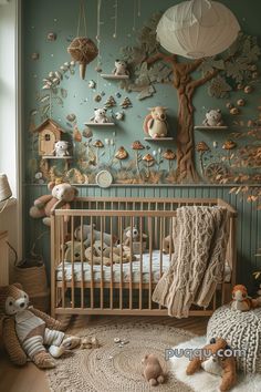 a baby's room decorated in green and white with stuffed animals on the floor