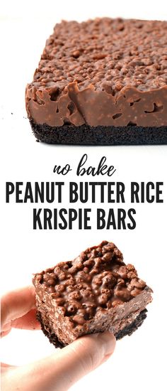 a hand holding a piece of chocolate peanut butter rice krispie bars