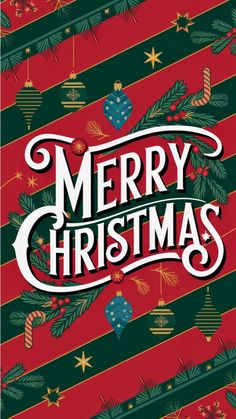 a merry christmas card with the words merry christmas written in white on red and green striped background