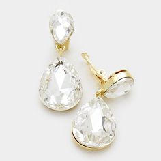 Clear Crystal Double Teardrop Gold Clip-On Earrings by Miro Crystal Collection Crystal Teardrop Earrings, Teardrop Dangle Earrings, Gold Clips, Heart Drop Earrings, Cz Stud Earrings, Heart Earrings Studs, Crystal Collection, Silver Turquoise, Stone Earrings