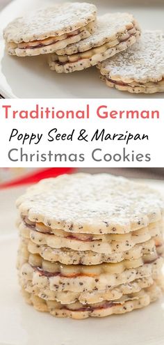 traditional german poppy seed and marzipan christmas cookies on a white plate with text overlay